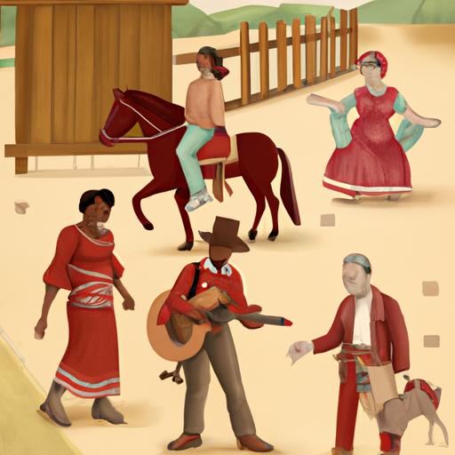 Diverse cultures embracing the Wild West: Native Americans, Mexicans, Europeans, and Africans engaging in a vibrant cultural exchange during the 19th century.